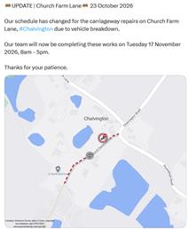 Church Farm Lane Roadworks Tuesday 17/11/26 8am-5pm